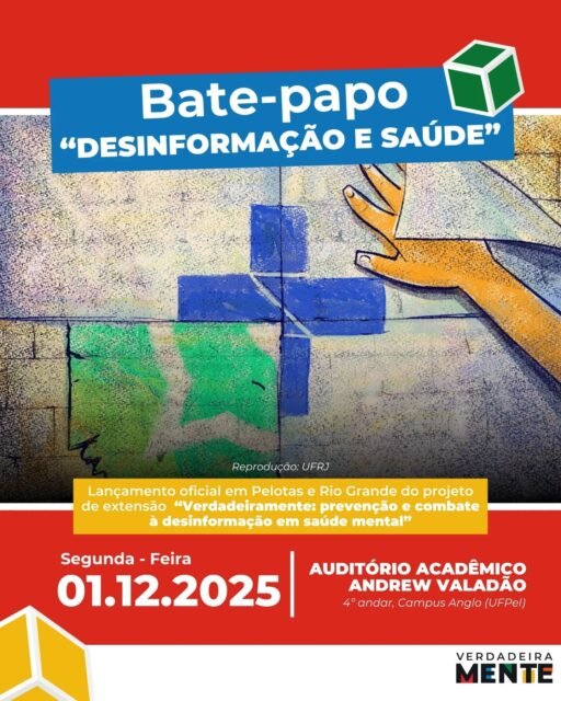 Projeto VerdadeiraMente fará evento na UFPel
📢 Na próxima segunda-feira, 01/12, nosso projeto será lançado oficialmente para os municípios de Pelotas e Rio Grande.
A solenidade será realizada no Auditório Acadêmico Andrew Valadão, no campus Anglo da @ufpeloficial . 🏫
‼️ Além da solenidade de lançamento, a programação contará com um bate-papo sobre Desinformação e Saúde, com as professoras Raquel Recuero (UFPel e UFRGS) e Luciana Carvalho (UFSM e Unipampa).
A atividade é aberta a estudantes de graduação e pós, professores, pesquisadores e profissionais das áreas da Comunicação e da Saúde. 🩺 📰
🎉 Para receber certificado valendo horas, só se inscrever no link que está na bio.