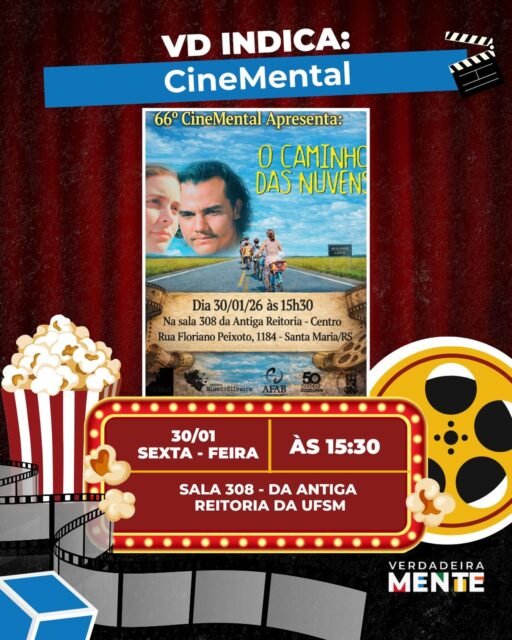 #VDIndica - 66 CineMental
Nesta sexta-feira (30), às 15h30, a sala 308 da Antiga Reitoria da UFSM recebe mais uma edição do CineMental, que reafirma o cinema como espaço de sensibilização, reflexão e diálogo coletivo.
O encontro contará com a exibição do filme brasileiro O Caminho das Nuvens (2003), dirigido por Vicente Amorim, seguida de uma roda de conversa aberta ao público. Inspirado em fatos reais, o longa acompanha a trajetória de uma família que atravessa o país em busca de trabalho e dignidade, convidando à reflexão sobre migração, desigualdades sociais, resistência e esperança.
Após a sessão, o público é convidado a compartilhar impressões, sentimentos e leituras despertadas pelo filme, fortalecendo o CineMental como um espaço de escuta, troca e promoção da saúde mental por meio da cultura.
📍 Sala 308 – Antiga Reitoria da UFSM
🗓️ Sexta-feira, 30, às 15h30
🎟️ Atividade gratuita e aberta à comunidade
