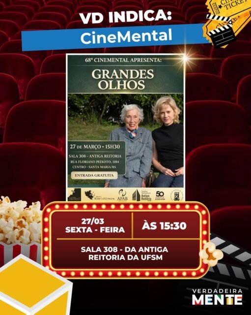 Neste mês das mulheres, o 68º Cinemental convida você para a exibição de Grandes Olhos - um filme sobre invisibilidade, reconhecimento e força feminina

27 de março | 15h30
Sala 308 - Antiga Reitoria
Centro - Santa Maria/RS

Entrada gratuita

Grandes Olhos (2014) é baseado na história real da pintora Margaret Keane*
Vem ver o mundo por outros olhos

*Todos os direitos reservados.