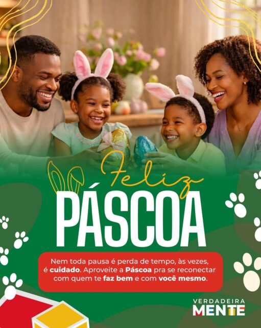 Feliz Páscoa!
Que este seja um momento de pausa, descanso e reconexão consigo, com seus sentimentos e com as pessoas que fazem parte da sua vida.
Em meio à rotina e às demandas do dia a dia, que você encontre tempo para respirar, refletir e cuidar de si.
Seguimos juntos na construção de caminhos mais conscientes, com informação de qualidade e atenção à saúde mental.
Com carinho,
Equipe VerdadeiraMente