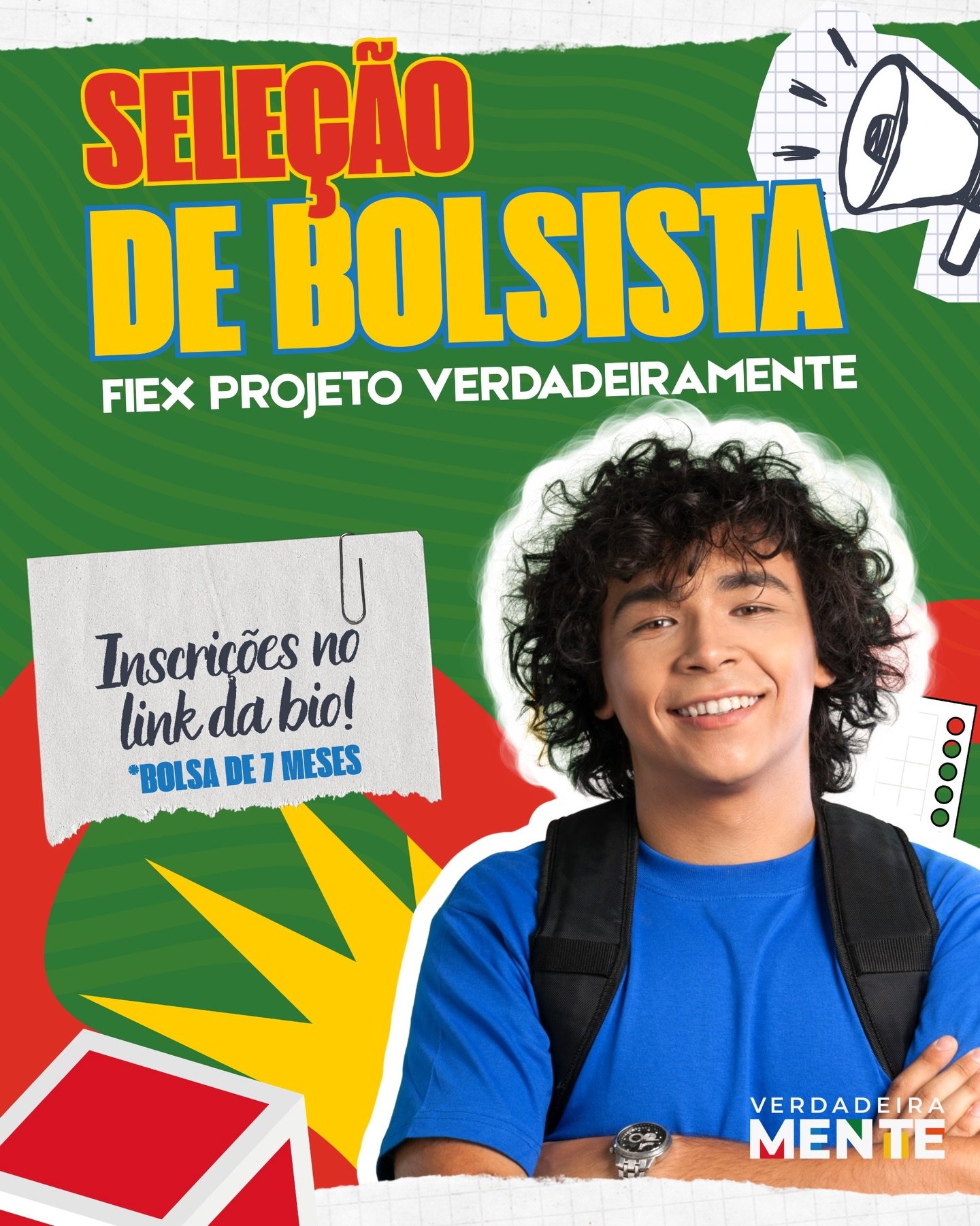 Quer ser nosso bolsista? 
Estamos recebendo inscrições para a seleção de 01 bolsista FIEX que irá atuar nas ações de extensão e na comunicação do projeto.

O(a) selecionado(a) irá receber uma bolsa mensal de R$700,00 durante sete meses. O bolsista irá atuar de 01 de maio a 30 de novembro de 2026. 

Te interessou? Então lê o edital que está no link da bio e envia a documentação (histórico e ficha de inscrição) para o e-mail da coordenadora do projeto. 

Serão considerados(as) inscritos(as) estudantes que enviarem a documentação até às 23h59 do dia 20 de abril.