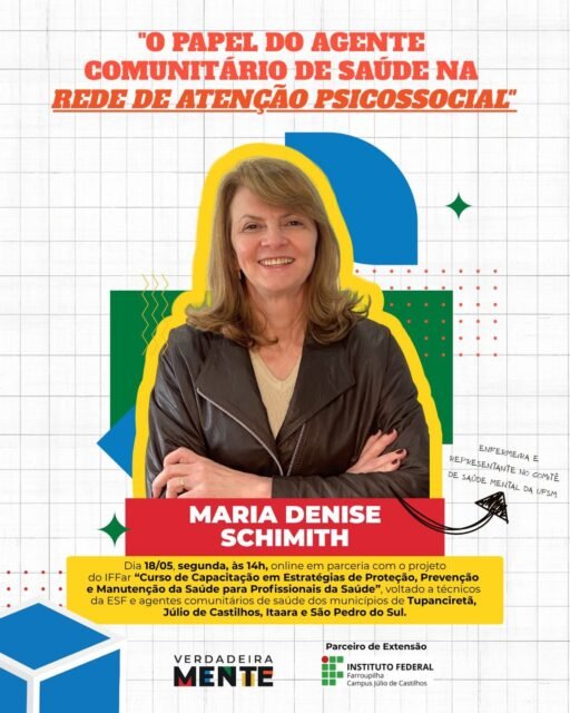 🧠 O papel do Agente Comunitário de Saúde na Rede de Atenção Psicossocial será tema da próxima formação promovida em parceria com o projeto de extensão do @iffarcampusjc “Curso de Capacitação em Estratégias de Proteção, Prevenção e Manutenção da Saúde para Profissionais da Saúde”.

A conversa será conduzida por Maria Denise Schimith, enfermeira e representante no Comitê de Saúde Mental da UFSM, trazendo reflexões sobre o cuidado em saúde mental e a atuação dos ACS nos territórios 💚

📅 18/05 (segunda-feira)
⏰ 14h
💻 Encontro online

Voltado para técnicos da ESF e agentes comunitários de saúde dos municípios de Tupanciretã, Júlio de Castilhos, Itaara e São Pedro do Sul.