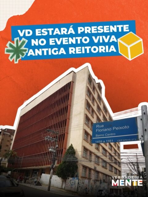 ✨ O VD estará presente no Viva Antiga Reitoria!
No dia 12/06, das 10h às 18h, estaremos na Antiga Reitoria da UFSM apresentando o projeto à comunidade
Venha conhecer mais sobre nossas ações por meio da exposição de banners, participar de um jogo interativo e trocar experiências com a nossa equipe. Será uma ótima oportunidade para se aproximar do projeto e descobrir tudo o que o VD tem desenvolvido!
Esperamos você para prestigiar esse evento especial