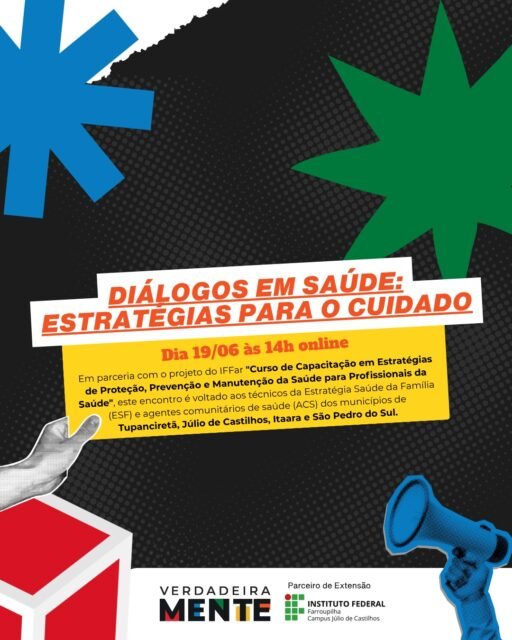 💬 Diálogos em Saúde: Estratégias para o Cuidado
O Projeto VerdadeiraMente realiza mais um momento de formação e troca de conhecimentos voltado aos profissionais que atuam diretamente no cuidado e na promoção da saúde em seus territórios.
📅 19/06
⏰ 14h
💻 Encontro online
Em parceria com o projeto do IFFar “Curso de Capacitação em Estratégias de Proteção, Prevenção e Manutenção da Saúde para Profissionais da Saúde”, o encontro é destinado aos técnicos da Estratégia Saúde da Família (ESF) e Agentes Comunitários de Saúde (ACS) dos municípios de Tupanciretã, Júlio de Castilhos, Itaara e São Pedro do Sul.