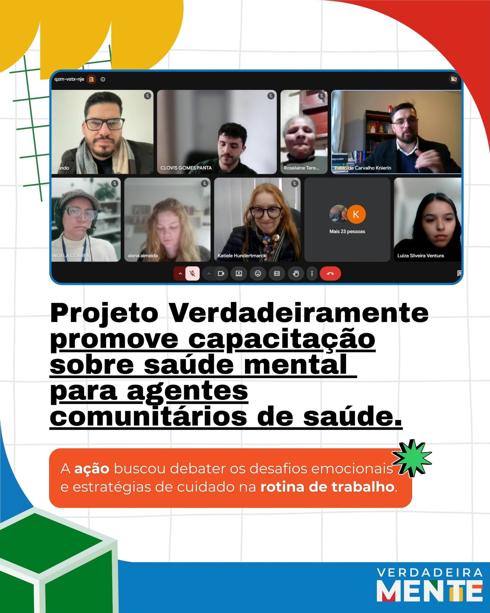 Cuidar de quem cuida também deve ser uma prioridade. 💙
Agentes Comunitários de Saúde participaram da capacitação “Diálogos em Saúde: Estratégias para o Cuidado”, promovida pelo Projeto VerdadeiraMente, em parceria com o Instituto Federal Farroupilha, para refletir sobre os desafios emocionais da profissão e discutir estratégias de autocuidado e promoção da saúde mental.
Durante o encontro, que ocorreu de forma online na última na sexta-feira (19/06), temas como sobrecarga emocional, estabelecimento de limites, acolhimento e bem-estar no ambiente de trabalho foram debatidos em uma roda de conversa que valorizou a escuta e a troca de experiências.
Confira a matéria completa sobre a capacitação através do link na bio!
