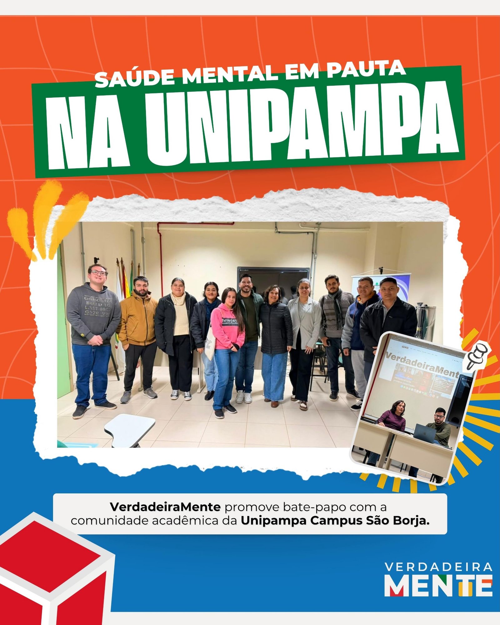 Na última sexta-feira, 26 de junho, o Projeto VerdadeiraMente promoveu um bate-papo sobre saúde mental e desinformação com a comunidade acadêmica da Unipampa – Campus São Borja.
Realizado no Auditório Mara Ribeiro, o encontro contou com a participação da coordenadora do projeto, Luciana Menezes Carvalho, e do editor do núcleo criativo, Rômulo Tondo.
Durante a atividade, foram apresentadas ações desenvolvidas pelo VerdadeiraMente, como palestras em escolas, parcerias com agentes comunitários de saúde e os programetes ProtejaMente. A conversa também abordou os desafios da desinformação, da divulgação baseada em evidências e do acesso à informação de qualidade.
O encontro fortaleceu a integração entre o VerdadeiraMente e a Unipampa, abrindo possibilidades para novas ações conjuntas no próximo semestre.
Estudantes, docentes, cursos e projetos interessados em construir atividades sobre saúde mental, comunicação e informação de qualidade podem entrar em contato com o VerdadeiraMente.
Leia a matéria completa no site do VerdadeiraMente.