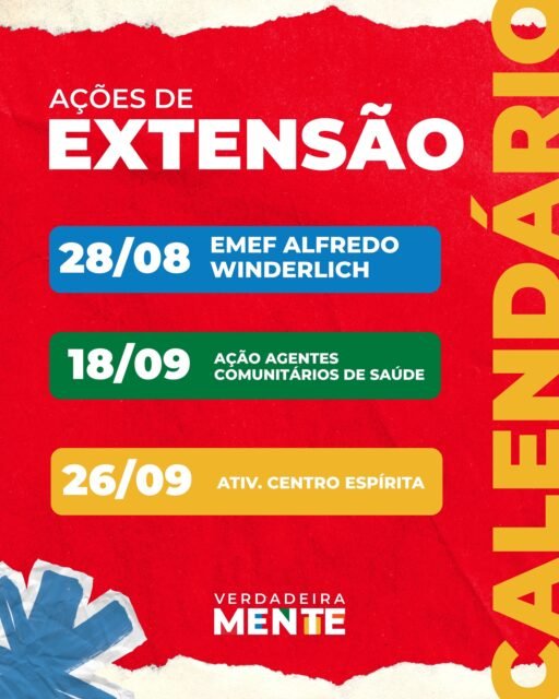 O VerdadeiraMente segue ampliando seus espaços de diálogo e aproximação com a comunidade! 💬🧠

Nas próximas semanas, nossas ações de extensão chegam a diferentes públicos e territórios, fortalecendo a circulação de informação qualificada e o diálogo sobre saúde mental.

📍 28/08 — EMEF Alfredo Winderlich
📍 18/09 — Ação com Agentes Comunitários de Saúde
📍 26/09 — Atividade no Centro Espírita

Cada encontro é uma oportunidade de compartilhar conhecimentos, ouvir experiências e construir, coletivamente, caminhos para uma comunicação mais responsável sobre saúde mental e para o enfrentamento da desinformação.