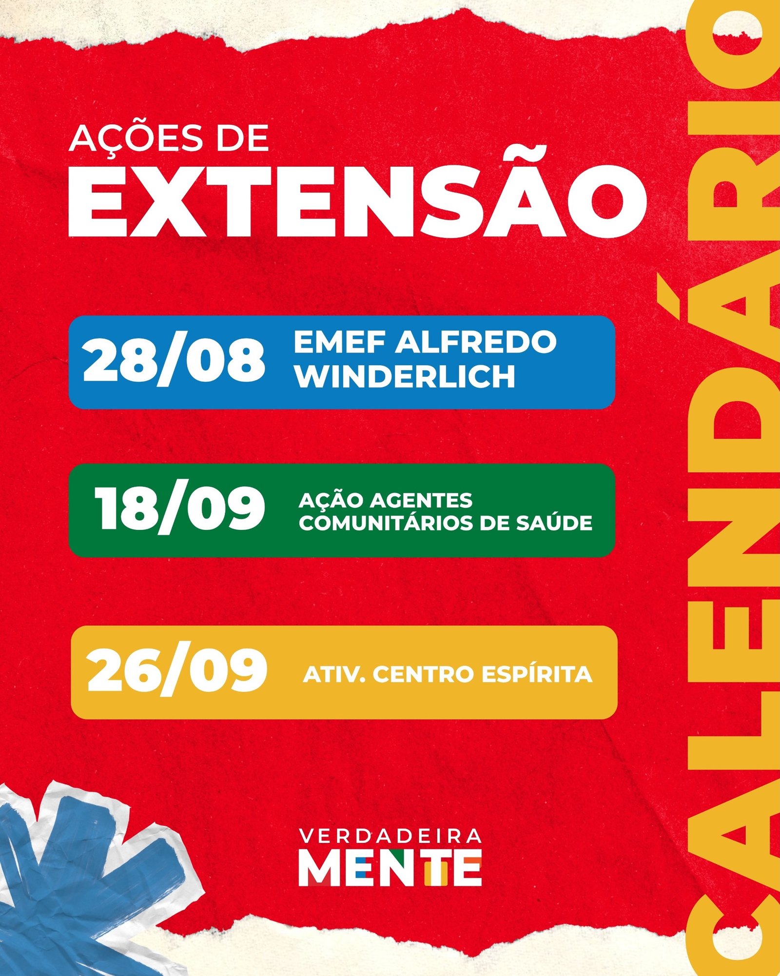 O VerdadeiraMente segue ampliando seus espaços de diálogo e aproximação com a comunidade! 💬🧠

Nas próximas semanas, nossas ações de extensão chegam a diferentes públicos e territórios, fortalecendo a circulação de informação qualificada e o diálogo sobre saúde mental.

📍 28/08 — EMEF Alfredo Winderlich
📍 18/09 — Ação com Agentes Comunitários de Saúde
📍 26/09 — Atividade no Centro Espírita

Cada encontro é uma oportunidade de compartilhar conhecimentos, ouvir experiências e construir, coletivamente, caminhos para uma comunicação mais responsável sobre saúde mental e para o enfrentamento da desinformação.