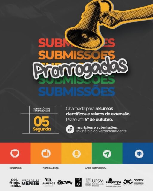 🚨 PRORROGADAS AS SUBMISSÕES! 🚨

🧠 Serão aceitos trabalhos em duas modalidades:

Resumos de caráter científico: pesquisas concluídas ou em andamento, estudos de caso, entre outras modalidades de produção científica relacionadas à temática do evento.

Relatos de ações extensionistas: apresentação e reflexão sobre projetos ou ações de extensão relacionadas às temáticas de desinformação, comunicação e saúde mental.

As orientações para elaboração e formatação do resumo estão disponíveis no template oficial, que pode ser acessado e baixado no site disponível no link da bio.

Novo prazo para submissões: 5 de outubro.

💻 Os trabalhos selecionados poderão ser apresentados nas modalidades presencial ou remota.

Não perca a oportunidade de compartilhar sua pesquisa ou experiência e fazer parte dessa conversa! 🧠

#desinfomente #evento #desinformação #comunicação #saudemental