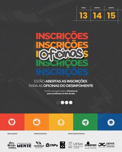 Te liga nessa atualização!
As inscrições para as oficinas do 2º Seminário de Desinformação e Saúde Mental estão abertas!
Ao longo da programação, serão realizadas cinco oficinas, com atividades que abordam checagem de fatos, jornalismo sonoro, psicoeducação, educação midiática e produção audiovisual para divulgação científica em saúde.
As oficinas possuem vagas limitadas e acontecem nos dias 13, 14 e 15 de outubro, na UFSM.
As inscrições podem ser realizadas pelo site do evento. Acesse pelo link na bio e confira as oficinas disponíveis.