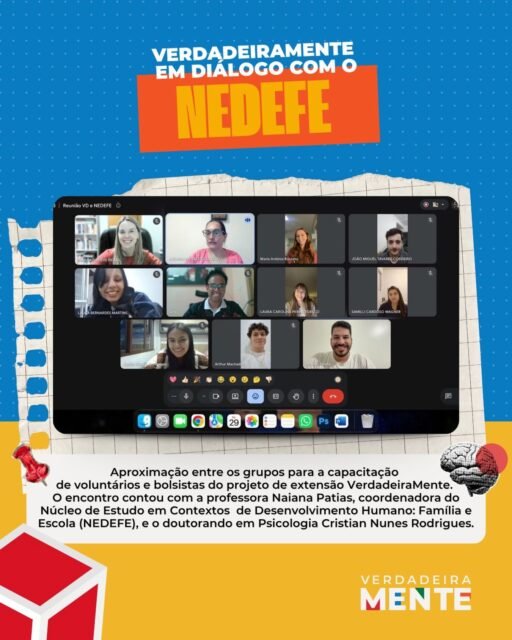 VerdadeiraMente em diálogo com o NEDEFE

No dia 29 de setembro, foi realizado um encontro de aproximação entre os grupos, com o objetivo de discutir a capacitação de voluntários e bolsistas do projeto de extensão VerdadeiraMente.

A atividade contou com a participação da professora Naiana Patias, coordenadora do Núcleo de Estudo em Contextos de Desenvolvimento Humano: Família e Escola (NEDEFE), e do doutorando em Psicologia Cristian Nunes Rodrigues.