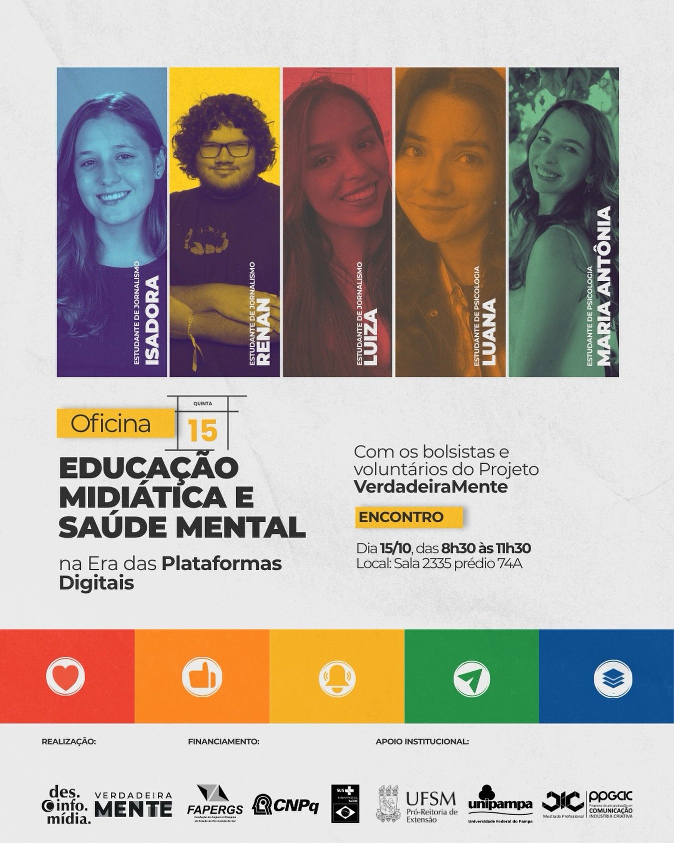 AINDA NÃO FEZ TUA INSCRIÇÃO PARA AS OFICINAS DO DESINFOMENTE? 🧠💛

🎓 OFICINA: EDUCAÇÃO MIDIÁTICA E SAÚDE MENTAL NA ERA DAS PLATAFORMAS DIGITAIS

Como as plataformas digitais influenciam a maneira como consumimos e compartilhamos informações sobre saúde mental? 📱

Nesta oficina, vamos refletir sobre o papel da educação midiática diante dos desafios da desinformação, discutindo como identificar conteúdos enganosos, questionar informações e desenvolver um olhar mais crítico sobre o que circula nas redes.

A atividade será conduzida pelos bolsistas e voluntários do projeto VerdadeiraMente: os estudantes de Jornalismo Luiza Ventura, Isadora Bortolotto e Renan Silveira, e as estudantes de Psicologia Luana Dias e Maria Antônia Rossato.

📌 ENCONTRO: Quinta-feira, 15/10, das 8h30 às 11h30.
📍 Local: Sala 2335, prédio 74A.

💡 Uma oportunidade para discutir informação, plataformas digitais e saúde mental de forma crítica e responsável!

📲 QUER PARTICIPAR?

Acesse o site do evento, disponível no link da bio, e inscreva-se nesta e em outras oficinas do Desinfomente!

✨ As inscrições são gratuitas!
#desinfomente #evento #desinformação #comunicação #saudemental